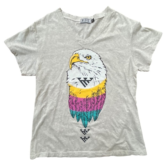 POL Tops - POL Mens Gray Eagle Graphic V-Neck Burnout T-Shirt Size Medium Cotton Korea